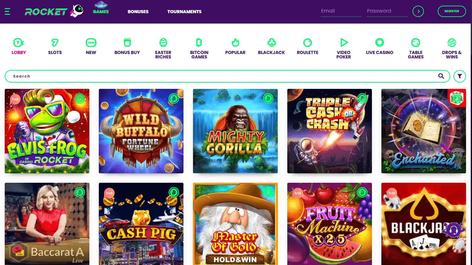 Casino Rocket desktop game lobby with slots and casino categories