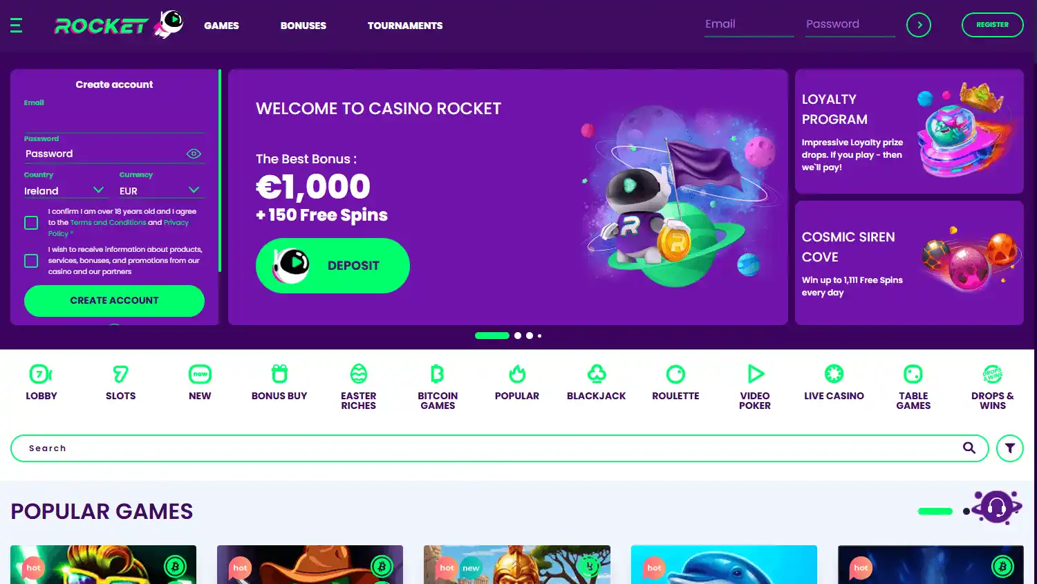 Casino Rocket homepage with registration form and welcome promotion